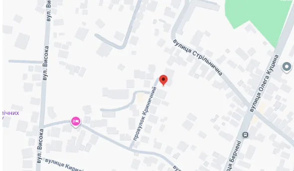 Розташування пансіонату Крила на карті — Ужгород, провулок Криничний, 14